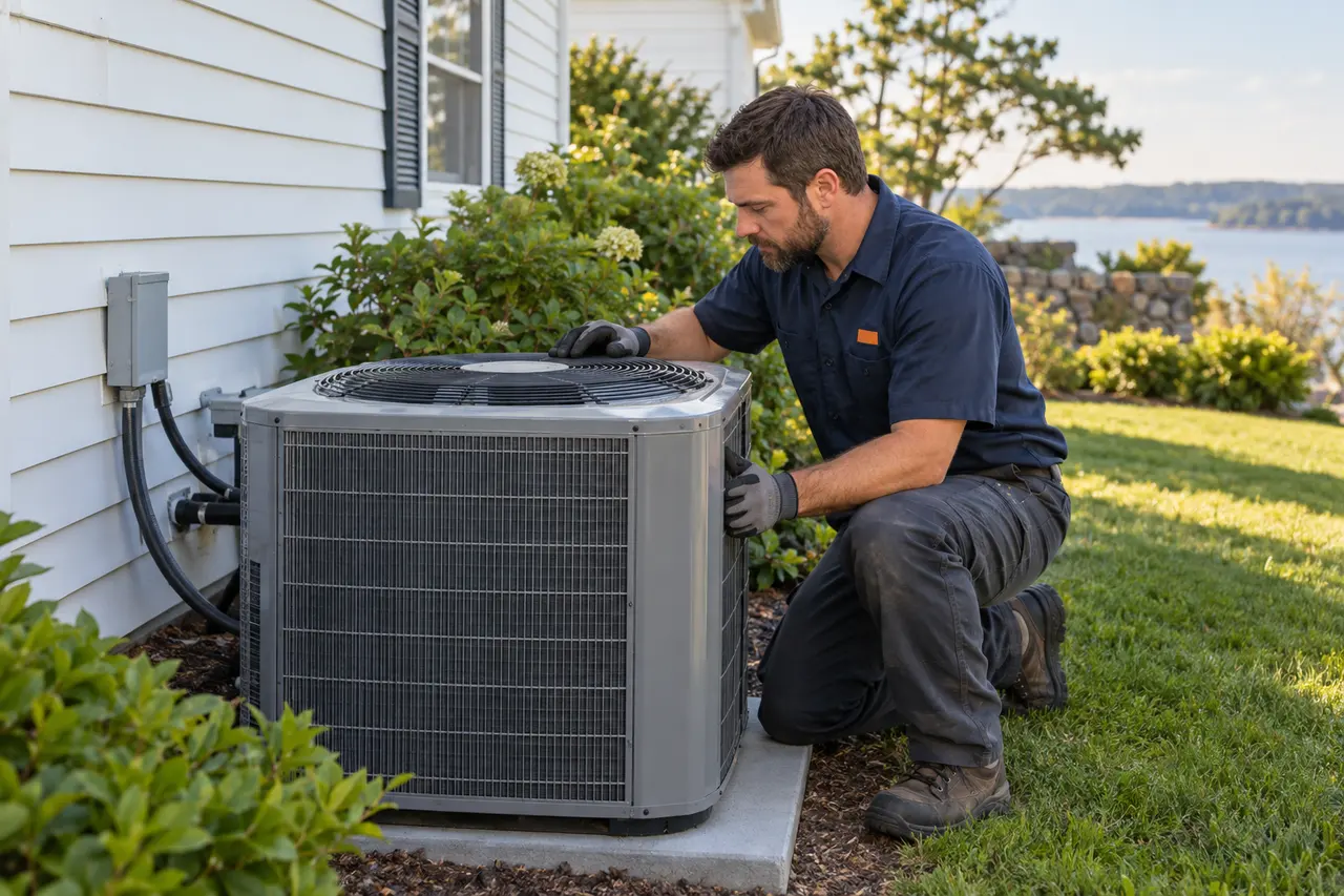 Concept image of an HVAC technician inspecting an outdoor AC unit beside a New England home